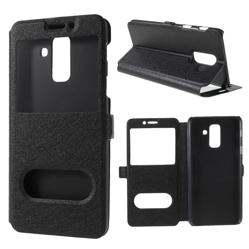 Etui en PU fenêtres soie double noir pour votre Samsung Galaxy A6+ (2018)