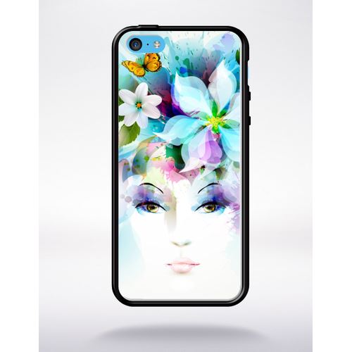 Coque Girl And Flowers Compatible Apple Iphone 5c Bord Noir Silicone