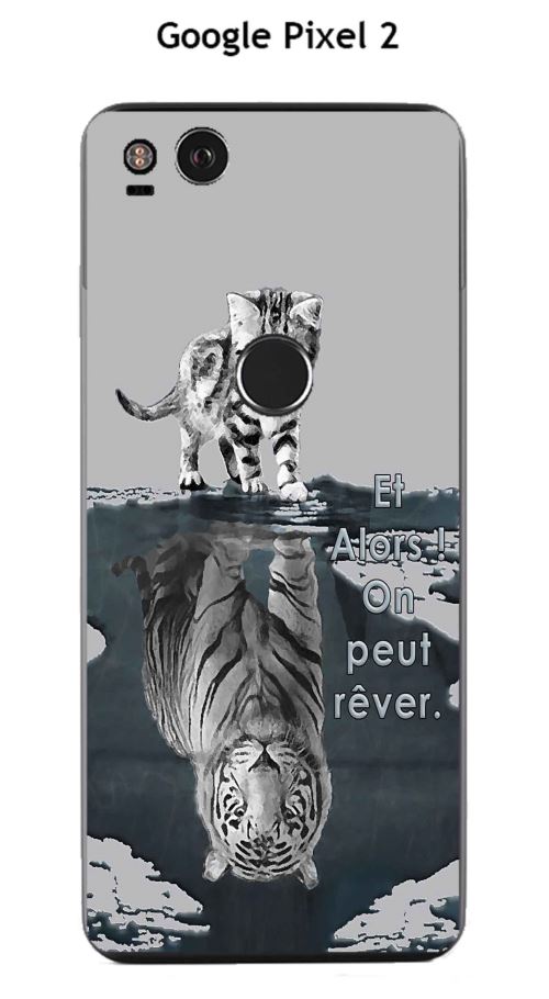 Coque TPU gel souple Google Pixel 2 design Chat Tigre Blanc fond gris Et Alors !