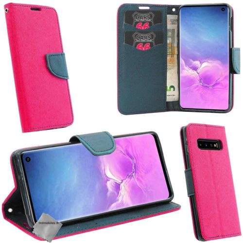 Housse etui coque pochette portefeuille pour Samsung Galaxy S10+ Plus avec verre trempe - ROSE / BLEU