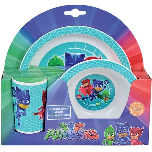 FUN HOUSE 005559 Pyjamasques Ensemble Repas Contenant 1 Assiette, 1 Bol et 1 Verre pour Enfant Polypropylène Blanc 26.5x8.5x24.5 cm