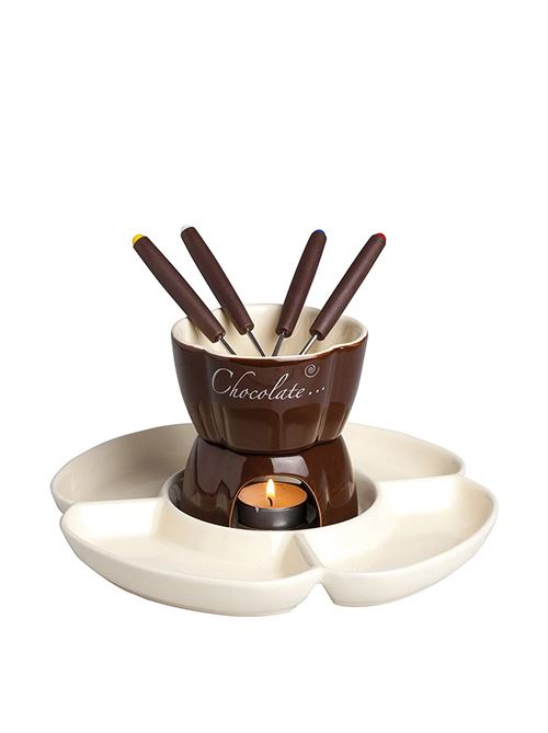Excelsa Chocolate Service à Fondue au Chocolat avec Assiettes, 8 pièces, céramique, crème/Marron, Manche Marron, 25 x 25 x 12 cm