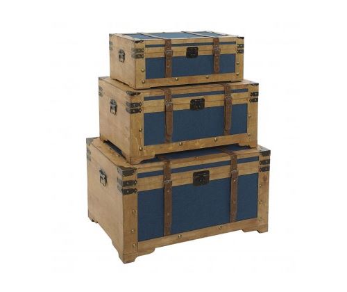Set de 3 Malles Rectangulaires en Bois et Toile Bleue