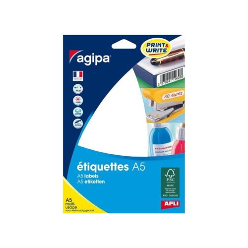 Agipa 64 étiquettes blanches 97,5X68Mm 4 étiquettes par planche A5 Apli 114038 