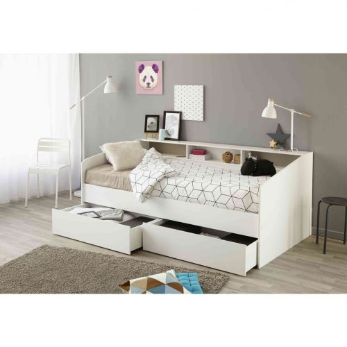 Lit enfant 2 tiroirs 90x200 en bois blanc megève - LT1028 - Terre de Nuit