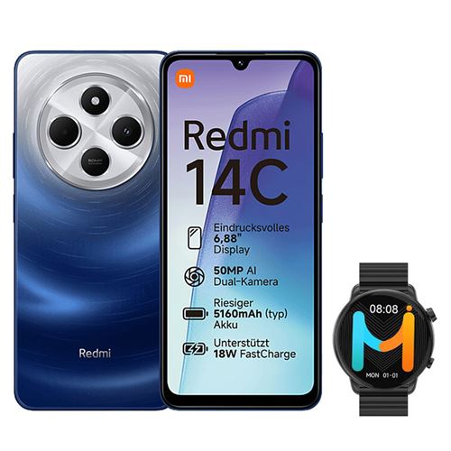 Smartphone Xiaomi Redmi 14C 256 Go Bleu + Smart Watch Montre Connectée