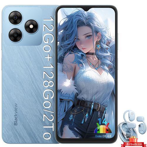 Blackview WAVE 8 Téléphone Portables 6.56 Android 14 ROM 128 Go Double SIM Bleu avec Blackview Airbuds 100