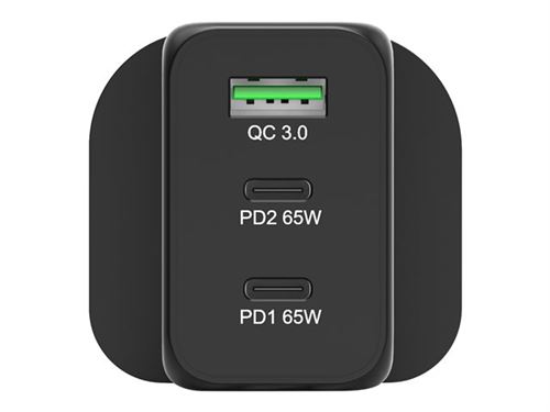 PORT Connect - Adaptateur secteur - 65 Watt - 5 A - PD, Quick Charge 3.0 - 3 connecteurs de sortie (USB, 2 x USB-C) - sur le câble : USB-C - noir