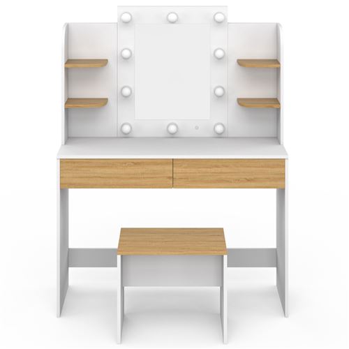 Générique Coiffeuse,Grande Coiffeuse Avec Miroir éclairé Par LED, Bureau De Maquillage Avec Tabouret Rembourré, 4 Tiroirs, Facile à Assembler, Blanc/Gris (Blanc 100 Cm