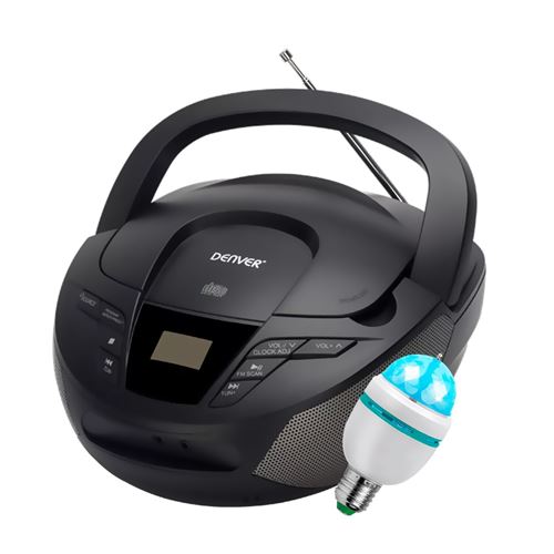 Lecteur CD Denver TC-28BLACK Portable et Radio FM. Boombox Haut-parleurs 2 W. Entrée AUX, Ampoule DIAMS LED