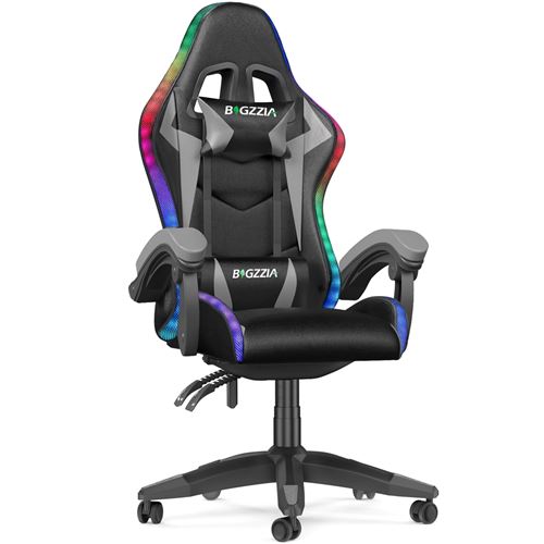 Chaise gaming avec éclairage LED Effets BIGZZIA, avec Lombaire et Appui-Tête Appui, Dossier Hauteur Réglable, Gris