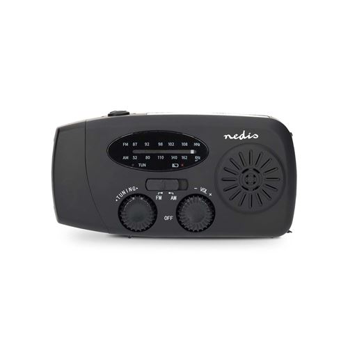 Nedis Portable Emergency AM/FM Wind Up Radio, with Solar Panel & Hand Crank, LED Torch, SOS Light and Rechargeable 2000mAh USB Powerbank - Black