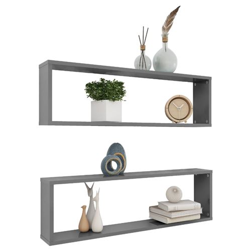 vidaXL Étagères cube murales 2 pcs Gris brillant 100x15x30cm Aggloméré