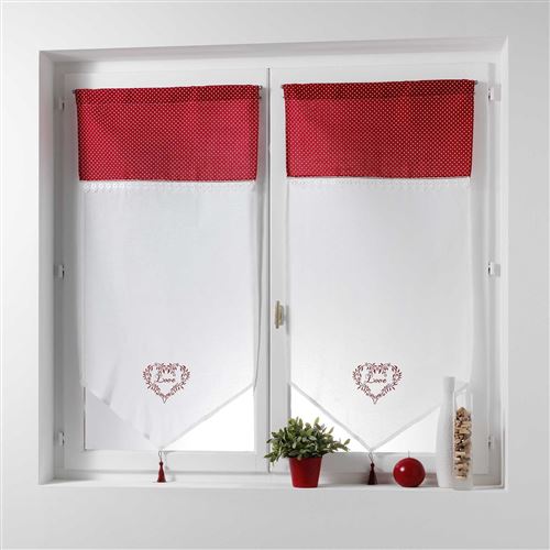 Paire pompon passe tringle 2x60x160 cm voile brode+top imprime home love Rouge