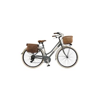 Vélo de ville Femme - Via Veneto By Canellini Retro Vintage Aluminium + Panier et Sac cuir latéral porte bagage - Taille 50 Gris - 1