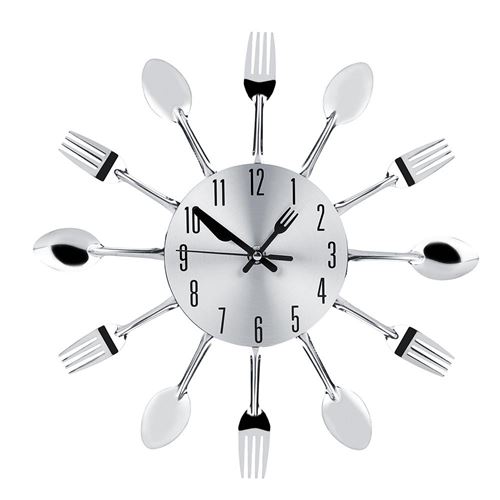 Horloge en acier inoxydable et fourchette cuillère Horloge murale Cuisine Décoration Argent