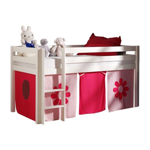 Vipack PINO Lit sureleve en pin massif avec sommier Blanc + Rideau de lit Pink Flower