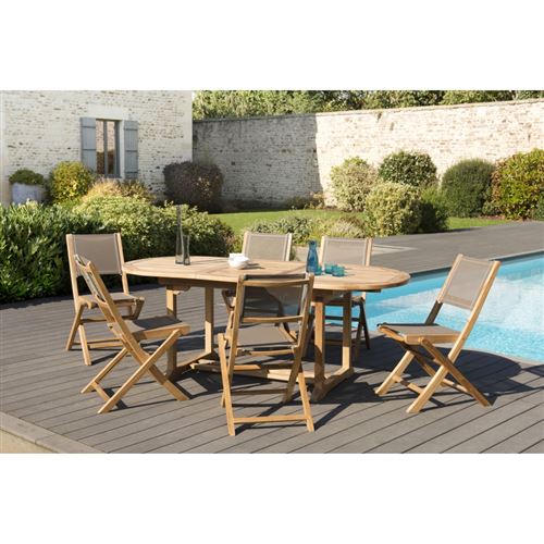 Salon de jardin bois teck grade A, comprenant 1 table ovale extensible 150/200 et 3 lots de 2 chaises pliantes textilène taupe