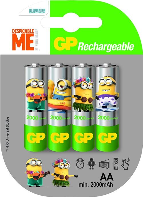 GP Batteries Piles Rechargeable alcalines AA 2000 mAh Minions Edition 1 x 4 pièces