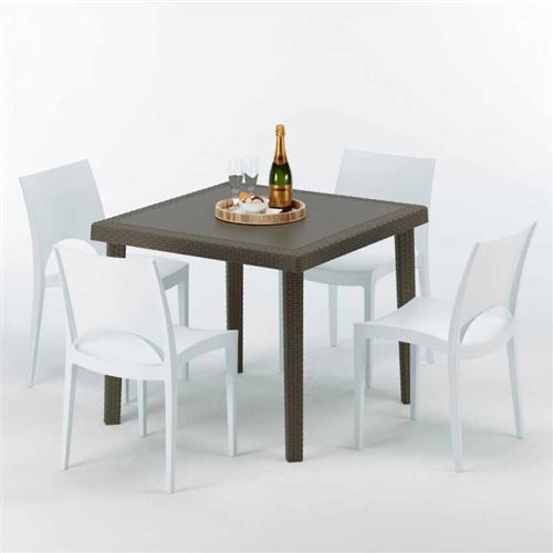 Table carrée et 4 chaises colorées Poly-rotin résine 90x90 marron, Chaises Modèle: Paris Blanc