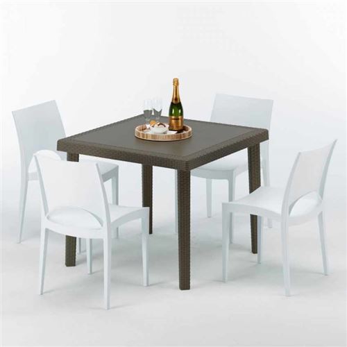 Grand Soleil - Table carrée et 4 chaises colorées Poly-rotin résine 90x90 marron, Chaises Modèle: Paris Blanc
