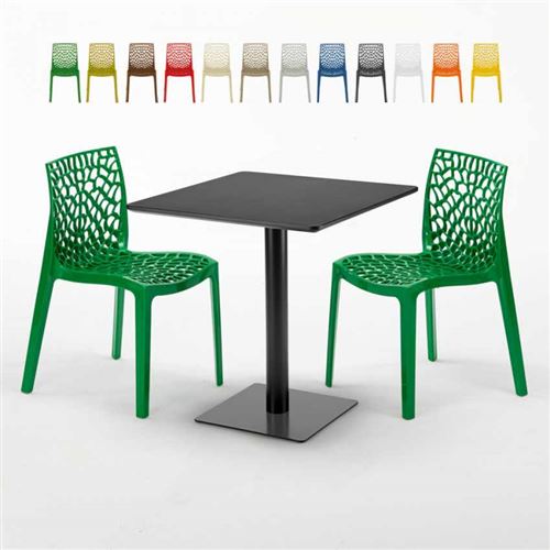 Table carrée noire 70x70 avec 2 chaises colorées Gruvyer Kiwi, Couleur: Vert