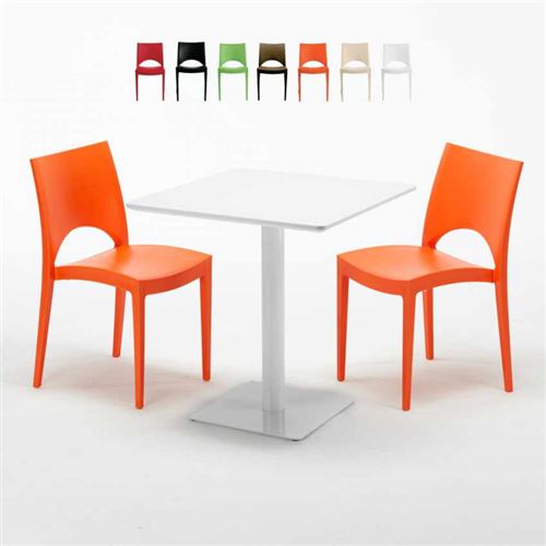 Table carrée 70x70 blanche avec 2 chaises colorées Paris Meringue, Couleur: Orange