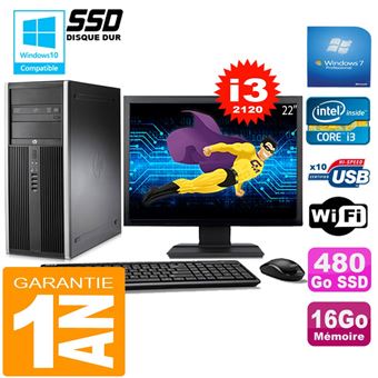 Pc tour hp compaq 8200 core i3-2120 ram 16go disque 480go ssd wifi w7 ecran 22' - 1