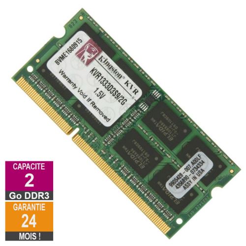 Barrette Mémoire 2Go Ram Ddr3 Kingston Kvr1333D3S9/2G So-Dimm Pc3-10600 1333Mhz 2Rx8