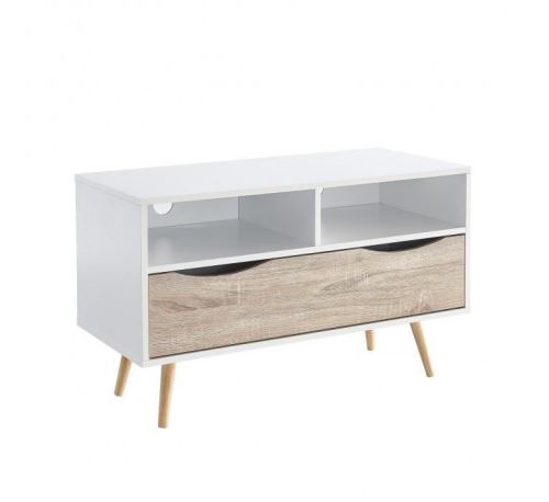 Bela meuble tv scandinave blanc et décor chene mat + pieds en bois massif - l 90 cm
