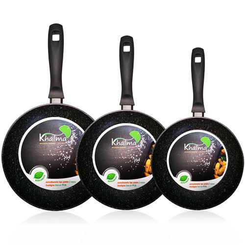 Lot de 3 poêles 18-22-24cm Aluminium, pierre verte non-PFOA, Wecook, Khalma, , Noir