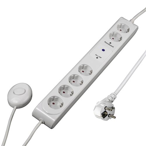 Bloc multiprises, 6 prises, avec interrupteur à pied, 1,5m, Blanc
