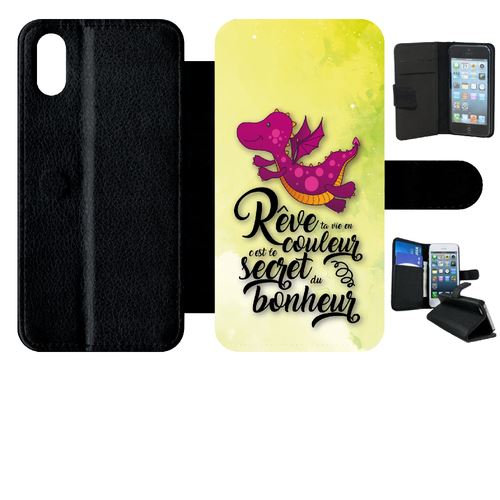 Etui My-Kase pour iPhone X - dragon mauve fond orange 01 - Simili-cuir Noir