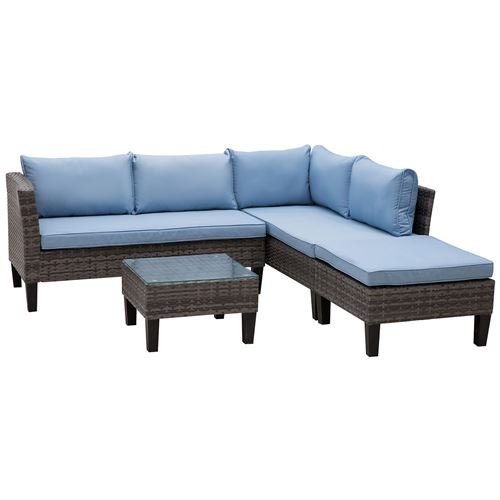 Ensemble salon de jardin 3 pièces canapé d'angle 4 places, pouf, table basse plateau verre trempé 8 coussins bleu résine tressée grise