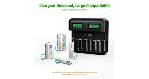 Ebl chargeur de piles rapide lcd, chargeur universel pour aa/lr6, aaa/lr3,  c/r14, d/r20 ni-mh piles rechargeables avec entrée type c micro usb, charge  - Chargeur de batterie - Achat & prix