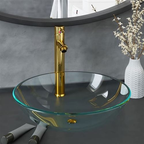 vidaXL Lavabo de bain avec robinet et drain à poussoir Verre trempé
