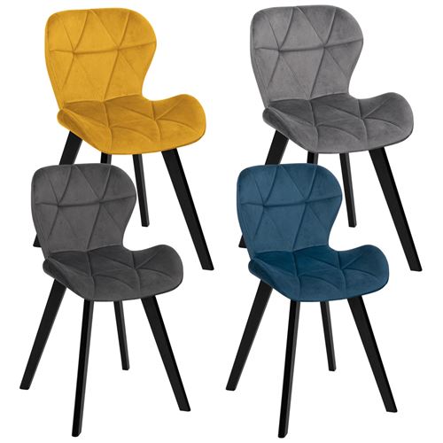 Chaises en velours matelassée bleu, gris foncé, gris clair et jaune