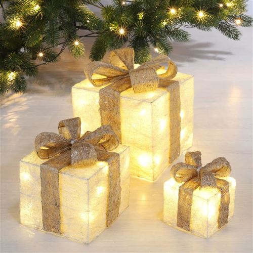 HI Boîte-cadeau de Noël éclairé à LED avec rubans dorés 3 pcs