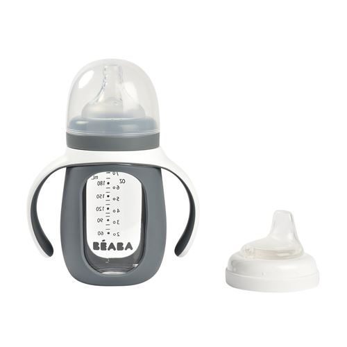 Biberon d'apprentissage en verre 2 en 1 - 210ml Gris