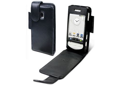 Etui dédié Luxe noir en cuir ouverture clamshell + film protecteur d'écran compatible LG Optimus GT540