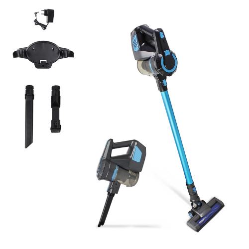 Todeco - Aspirateur Sans Fil Sans Sac, Aspirateur à Main, Gris/Bleu, Accessoires: (1x) Buse à fente 2-en-1 (1x) Longue buse à fente (1x) Support mural