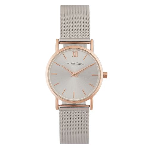 Montre Female Andreas Osten Mouvement Quartz Cadran Argent 26mm Et Bracelet Argent En Maille AO-223