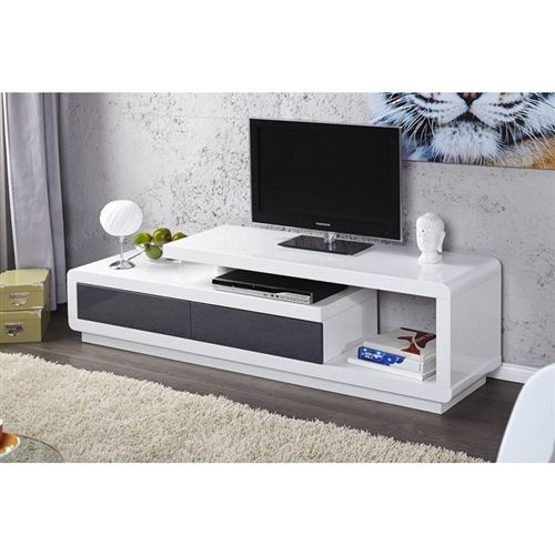 Meuble TV DARWIN 170 cm à 2 tiroirs et 1 niche coloris blanc et gris.
