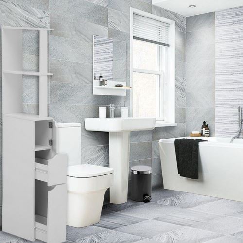 Colonne de salle de bain - CARINDA - 136 cm - blanc - 2 tiroirs - 1 rangement fermé - 3 étagères