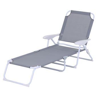 Bain de soleil pliable - transat inclinable 4 positions - chaise longue grand confort avec accoudoirs - métal époxy textilène - dim. 160L x 66l x 80H cm - gris clair - 1