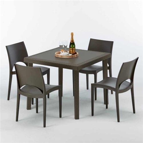 Grand Soleil - Table carrée et 4 chaises colorées Poly-rotin résine 90x90 marron, Chaises Modèle: Paris Marron Moka