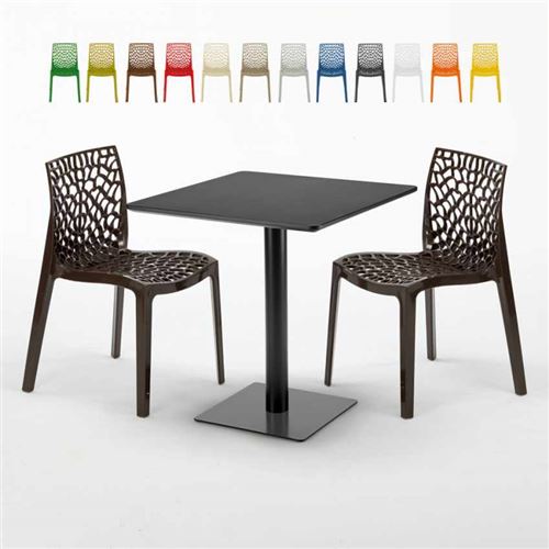 Table carrée noire 70x70 avec 2 chaises colorées Gruvyer Kiwi, Couleur: Marron