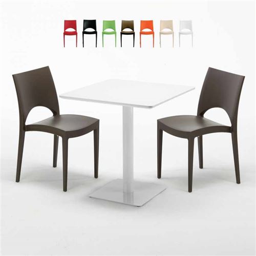 Table carrée 70x70 blanche avec 2 chaises colorées Paris Meringue, Couleur: Marron