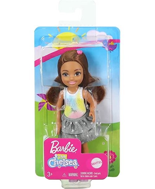 Barbie Club Chelsea - Poupée articulée avec jupe graphique + top coloré - 15cm - GHV63