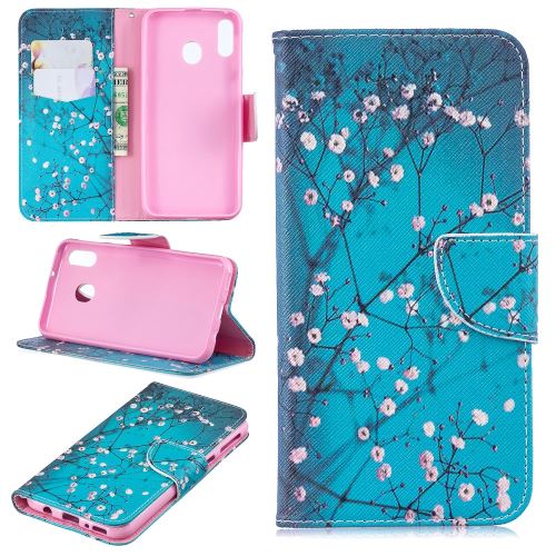 Etui en PU support d'impression de patrons arbre avec des fleurs pour votre Samsung Galaxy M20